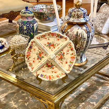 Vintage chinoiserie porcelain 4 section serving dish with handle.