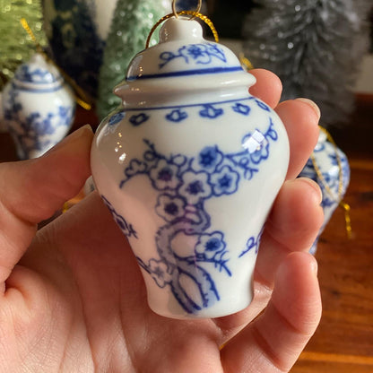 Danny’s Fine Porcelain - (6) Blue & White Porcelain Ginger Jar Ornament Set, 2.5" Tall