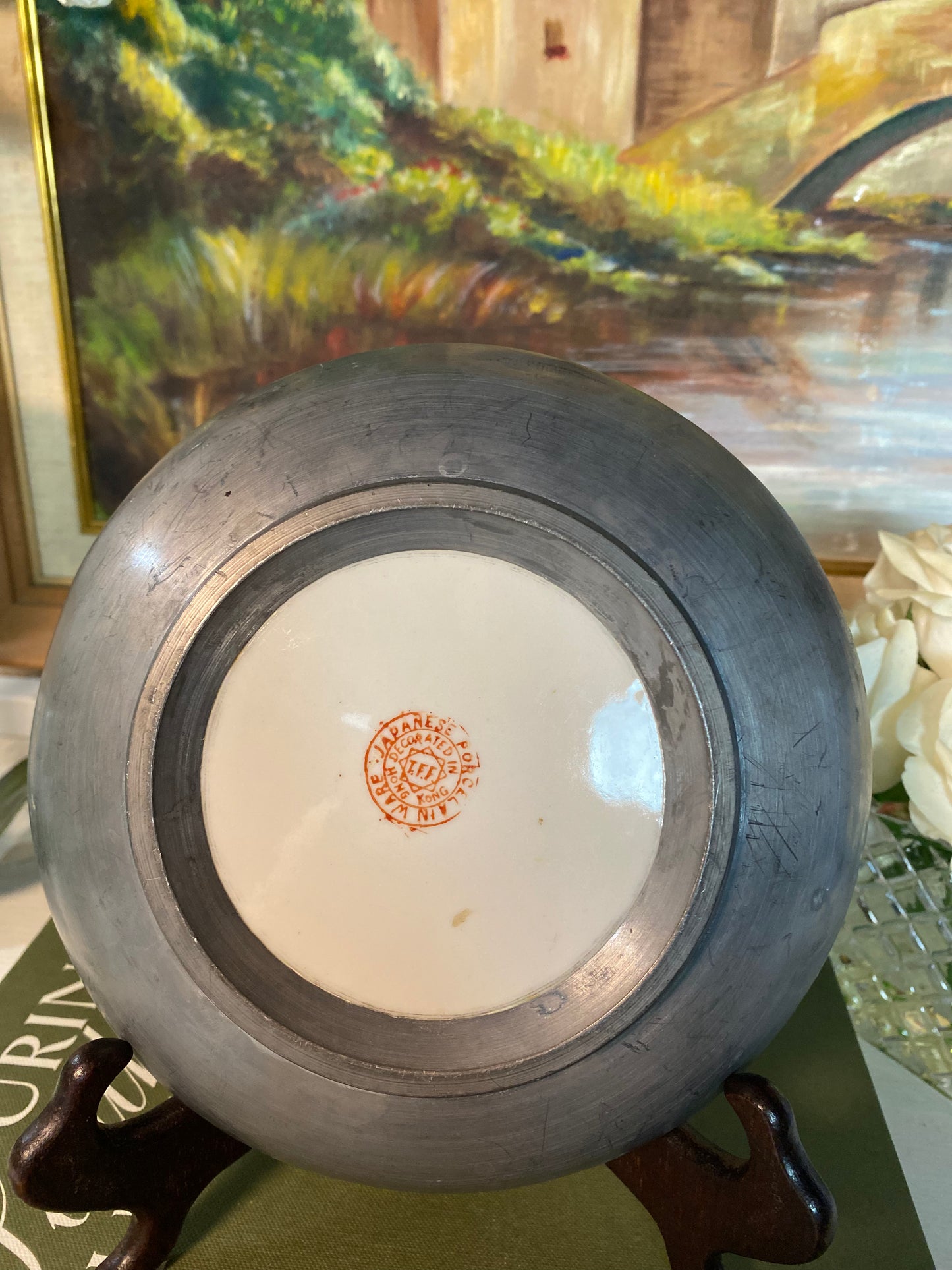 Vintage ACF Blue and White Pewter Porcelain Bowl, 8"D - Pristine!