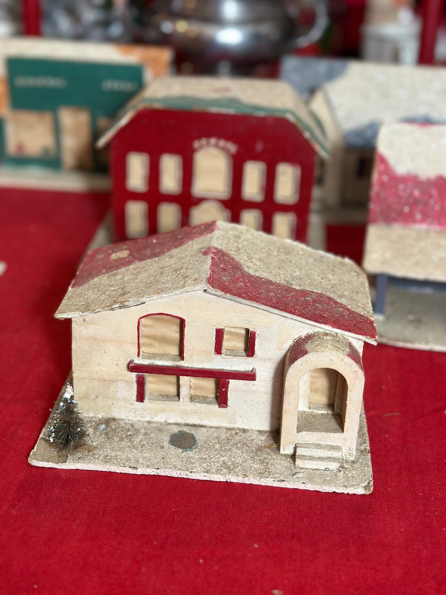 Vintage Set (8) Folk Art, Wood/Paper Christmas Village