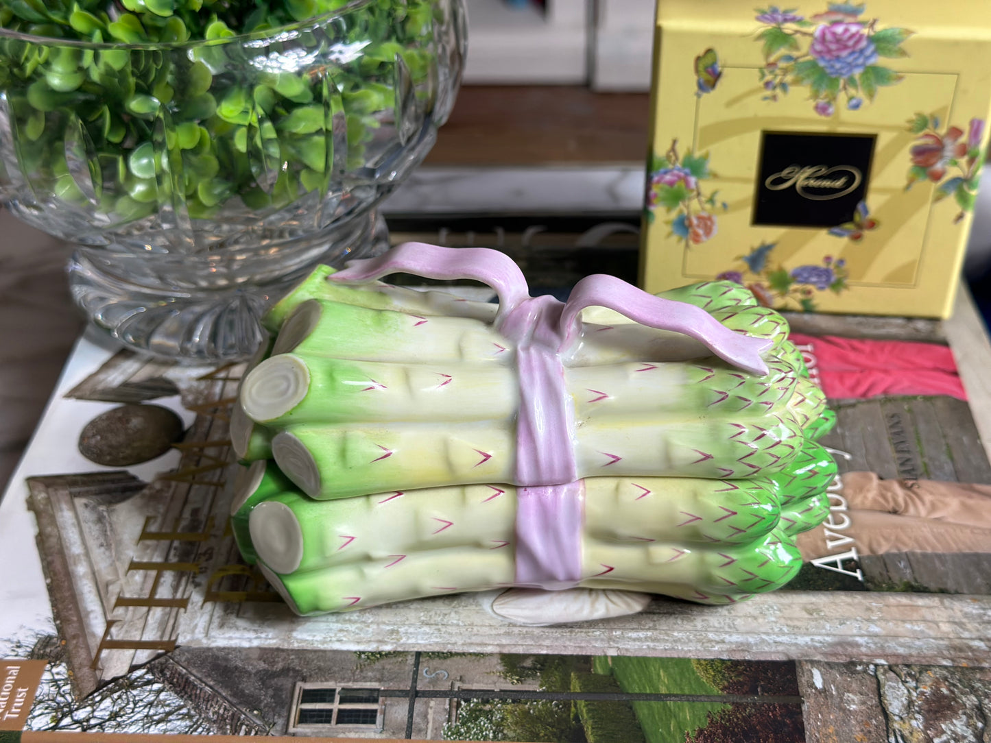 Herend Asparagus Box with Pink Ribbon - Retail $415, Pristine!