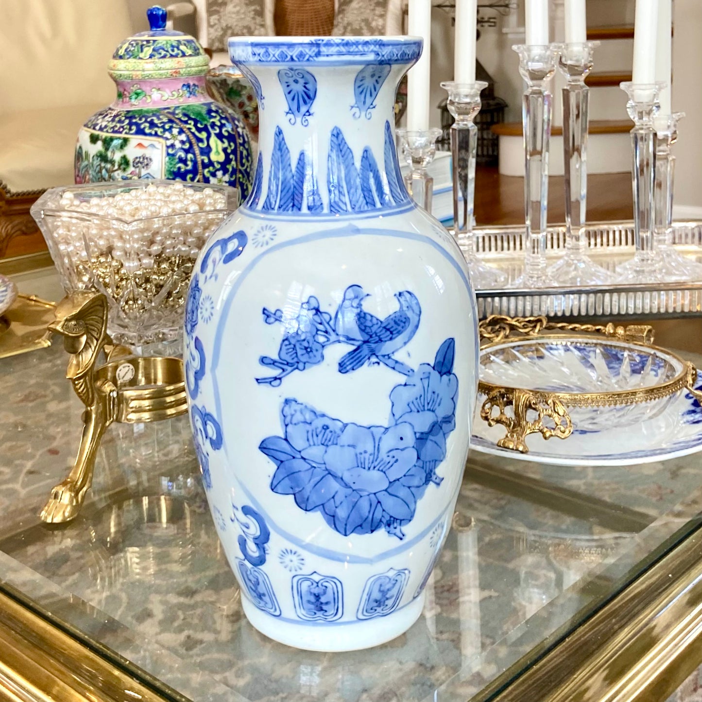 Vintage chinoiserie blue & white ginger jar tall vase.