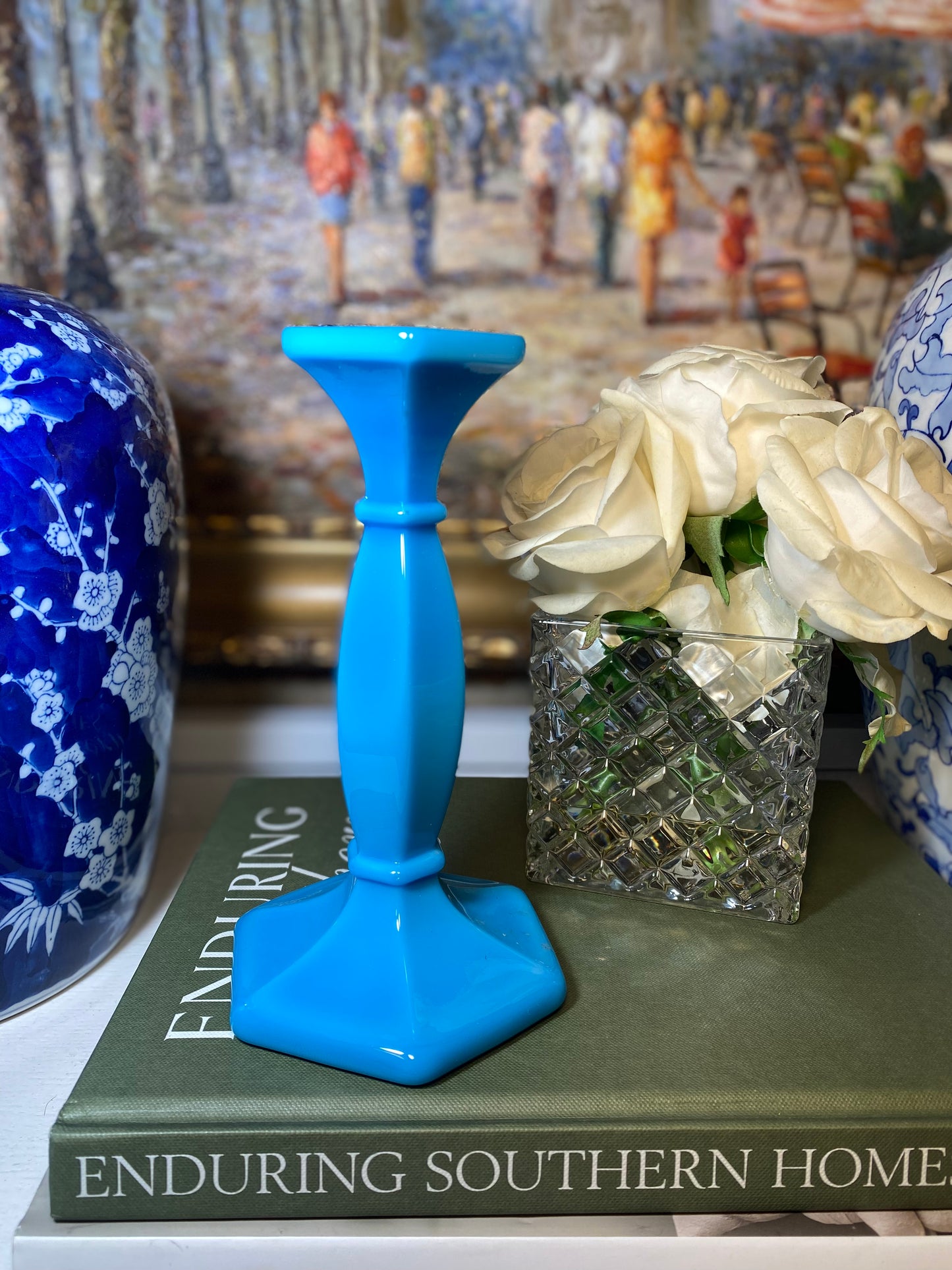 Single Vintage Blue Opaline candlestick 7.5” tall