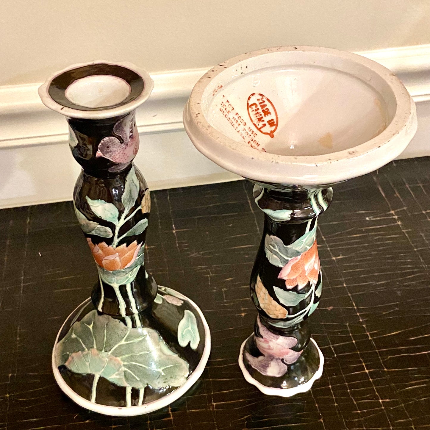 Pair of vintage chinoiserie tall candlestick holders.