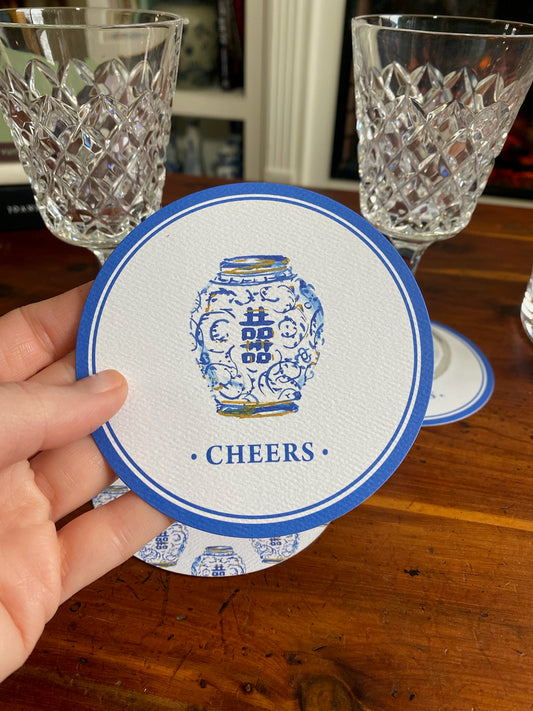 Blue & White Reversible Cheers" Paper Coaster Pack- 20 Per Pack