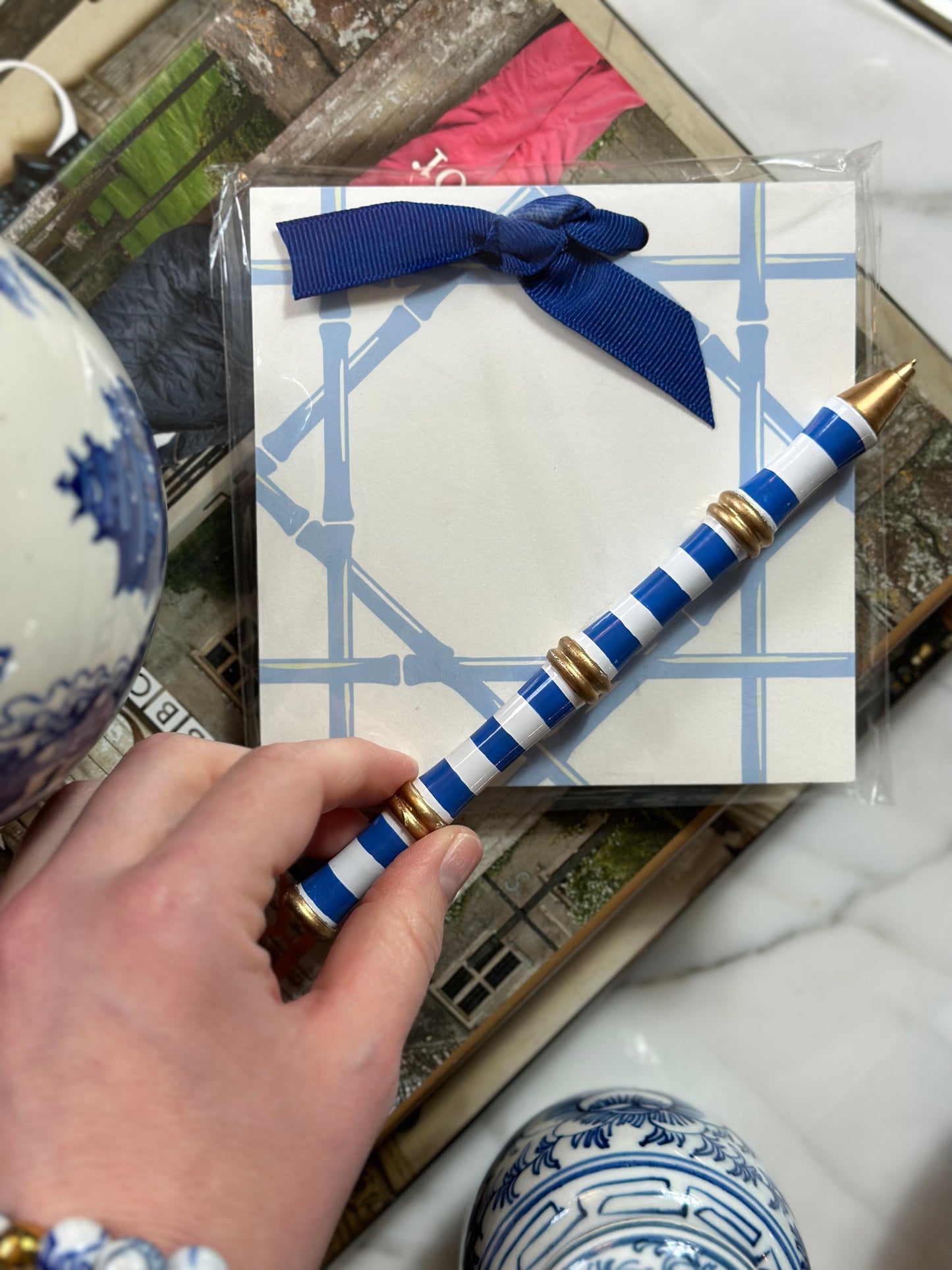 Blue & White Bamboo Notepad + Dana Gibson Pen Gift Set