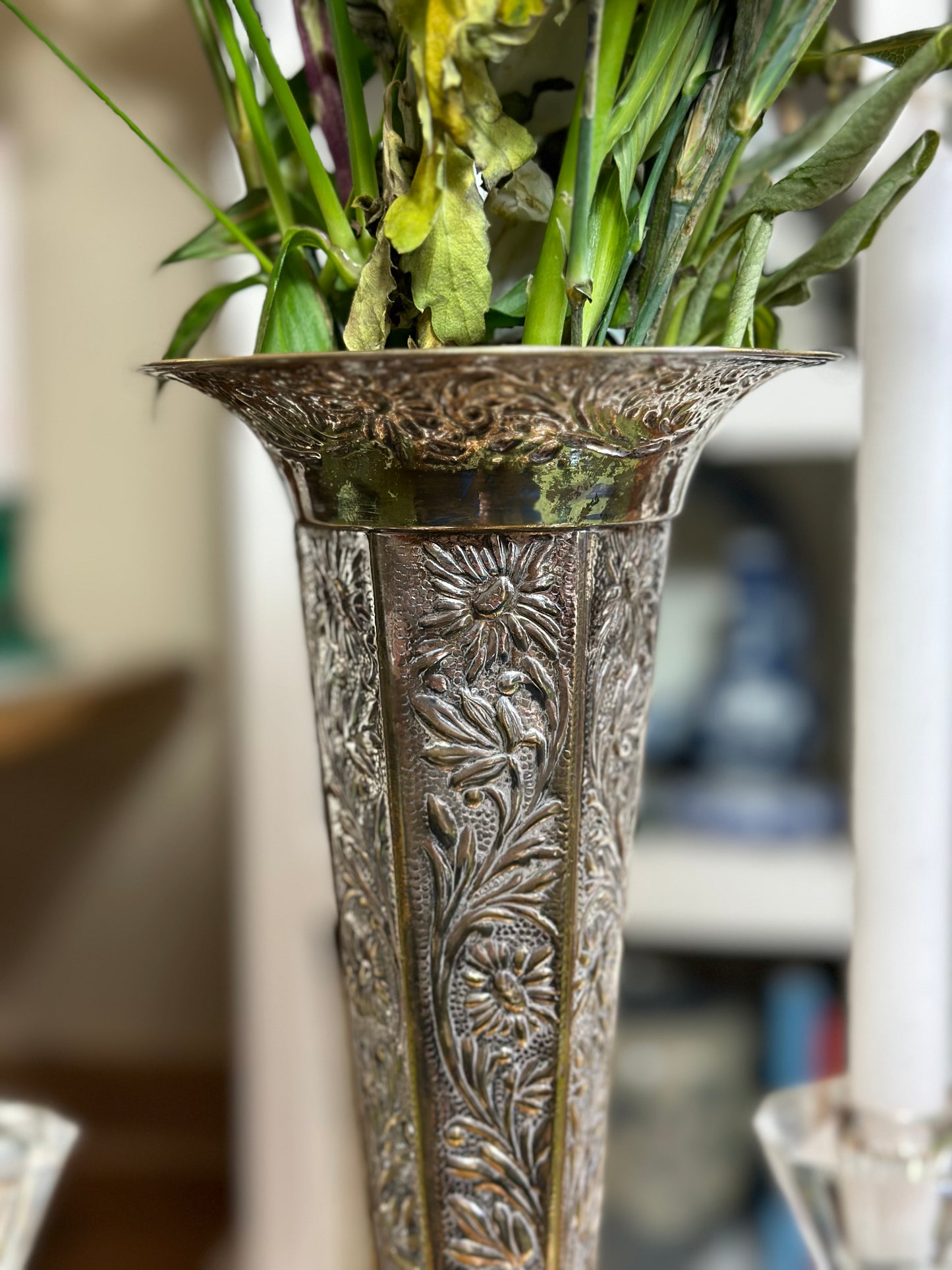 Silverplate, Hammered Floral Tall Trumpet Vase, 12” Tall - Pristine!
