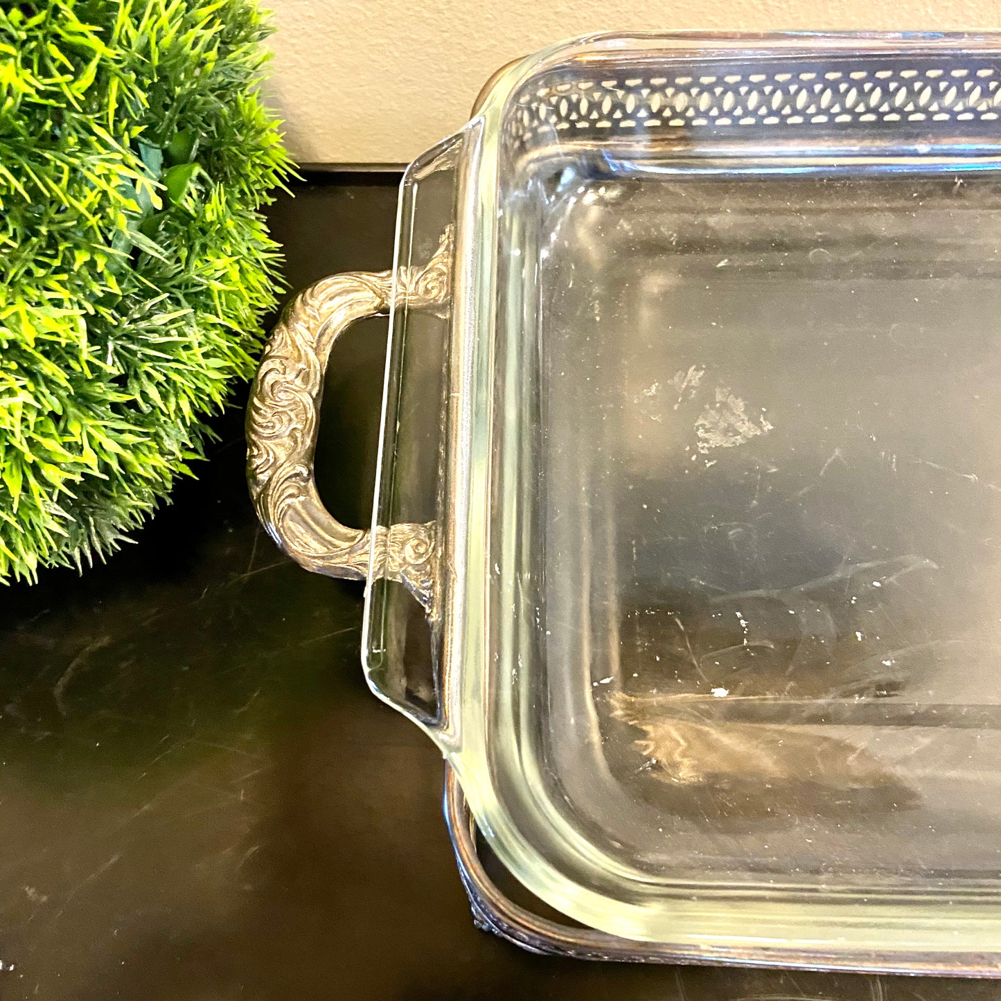 Vintage silver plate chippendale casserole pan holder with anchor hocking glass dish