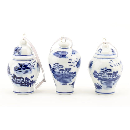 Danny’s Fine Porcelain - (6) Blue & White Porcelain Ginger Jar Ornament Set, 2.5" Tall
