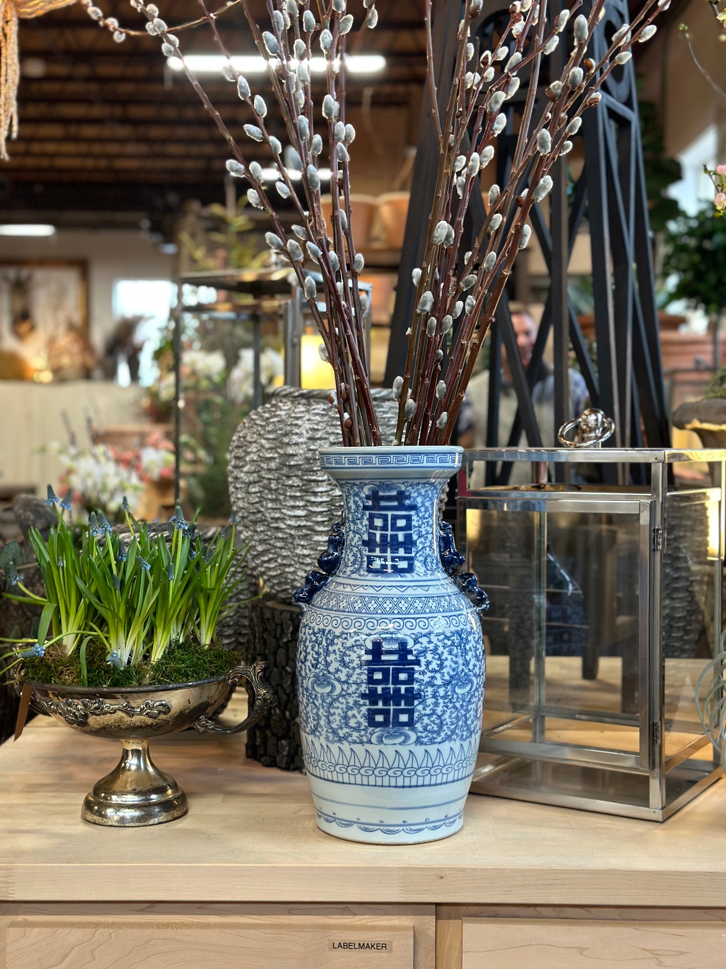 NEW 17” Blue & White Double-Happiness Vase