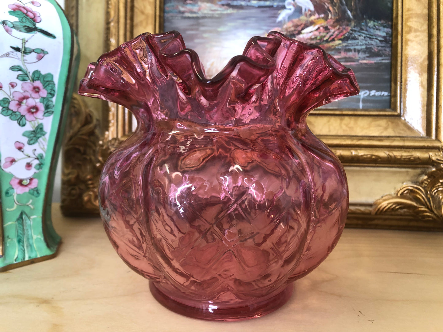 Vintage Fenton Ruffled Diamond Optic Ruby Vase - Pristine!