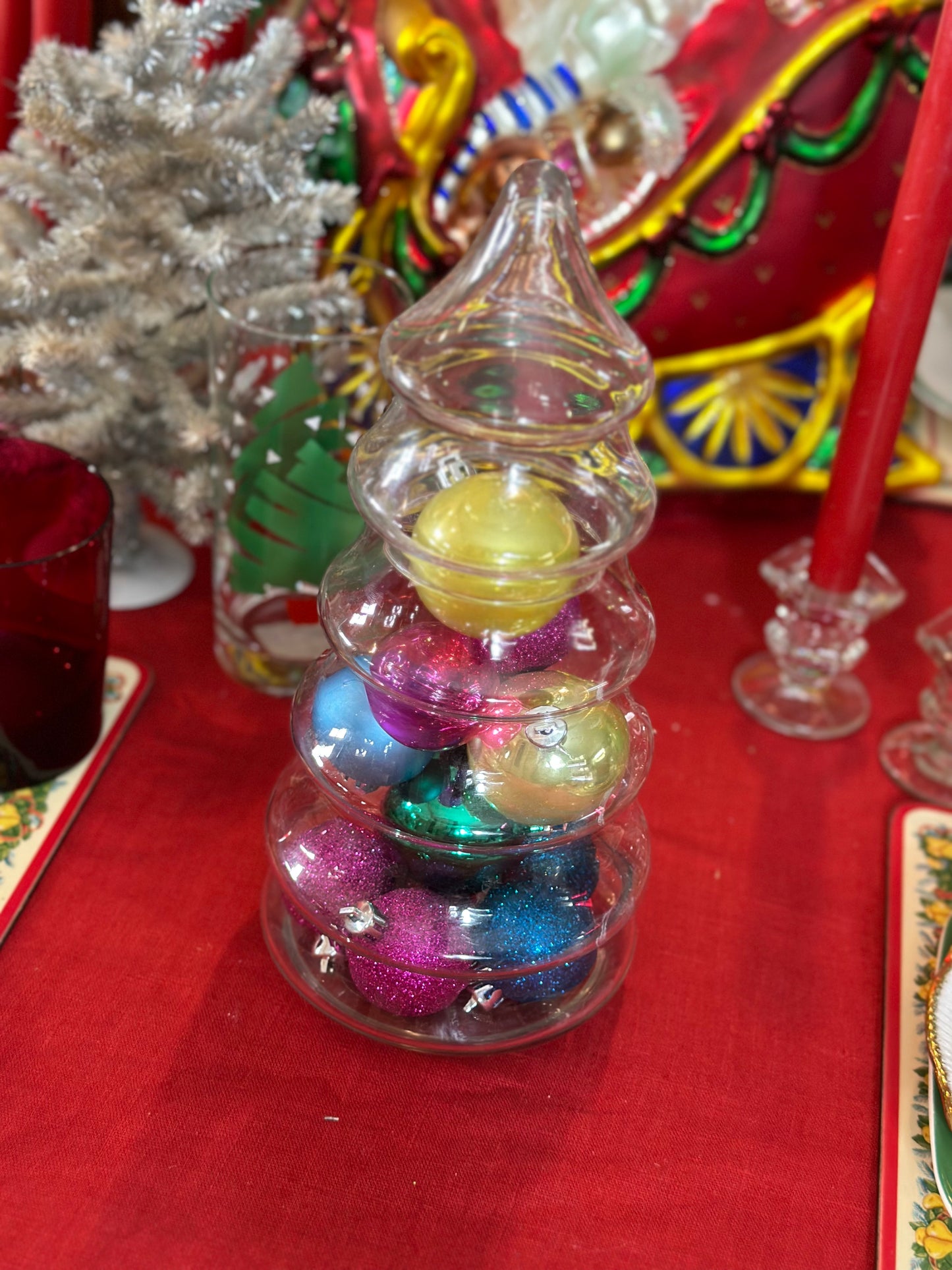 Vintage glass, Christmas tree jar, 11” tall, pristine!