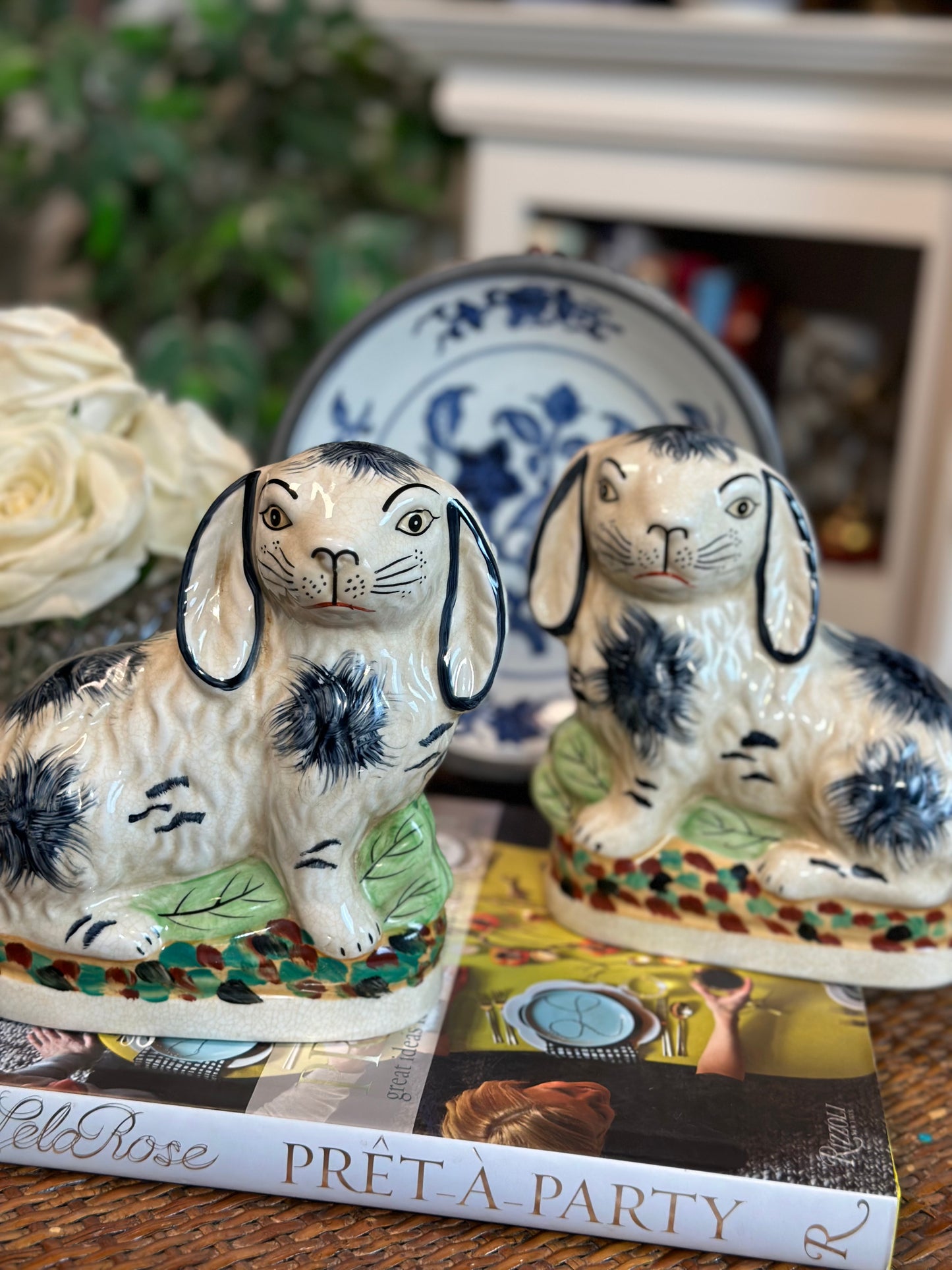 NEW Ceramic Bunny/Rabbit Figure Pair, Blue/White, 6x3" - Pristine!