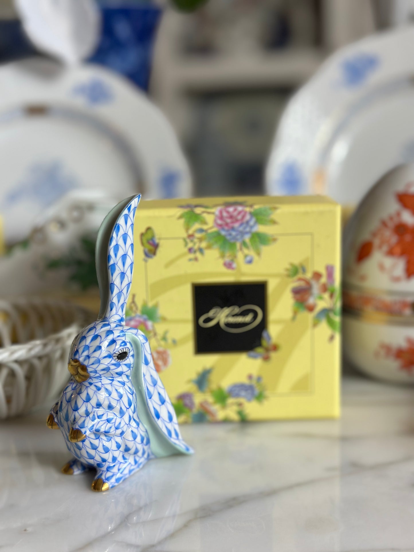 Herend Blue Fishnet Bunny Rabbit, One Ear Up, 4” tall, Retail $340 - Pristine!