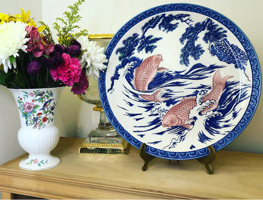 Beautiful Vintage Blue and White 14” Koi Charger - Pristine!