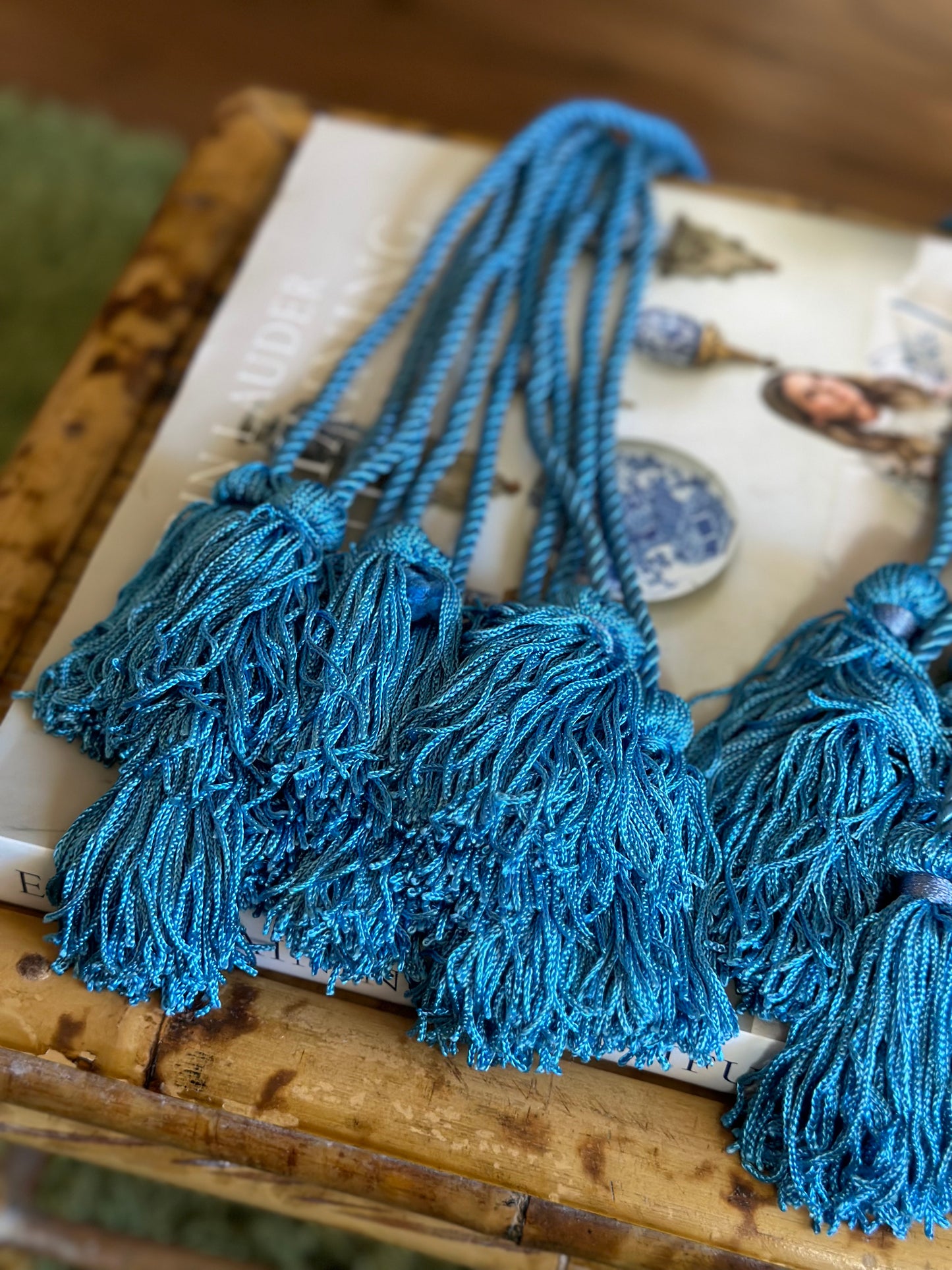 Vintage French Blue Tassels, 30 inches long - Pristine!