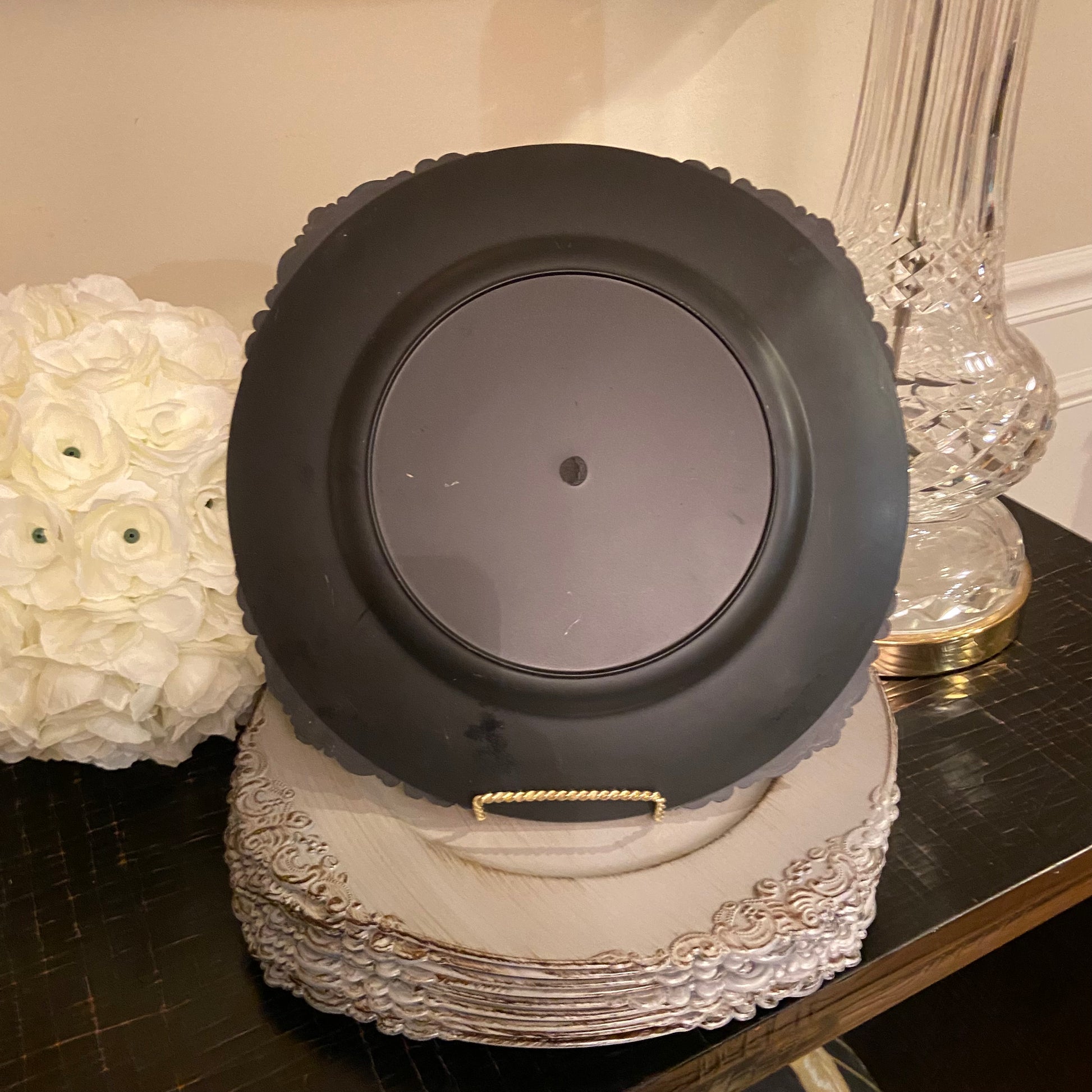 Set of 10 melanin grey lace resin plate chargers. Lillian Grey