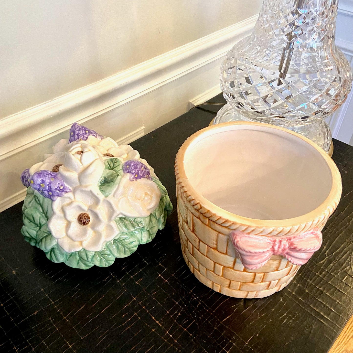Whimsical vintage basketweave floral large cookie jar centerpiece.