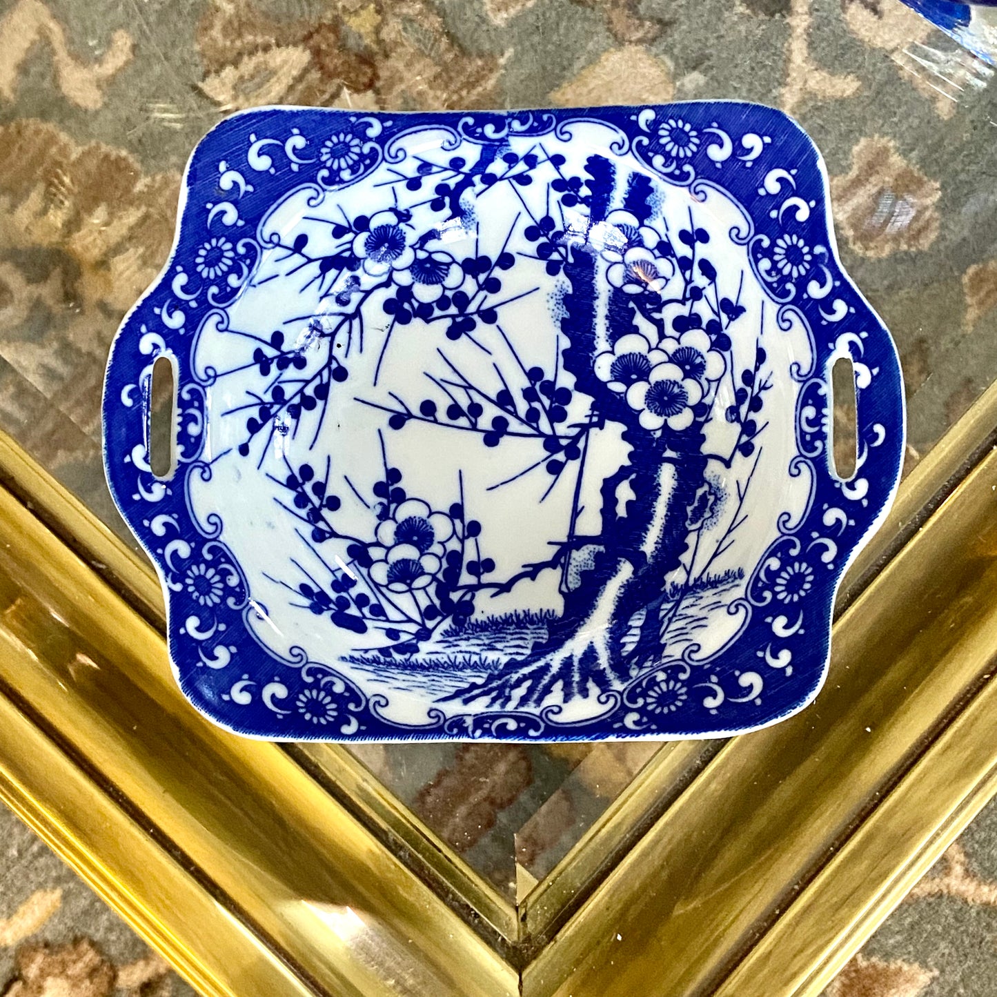 Beautiful cobalt blue and white porcelain cherry blossom double handle dish