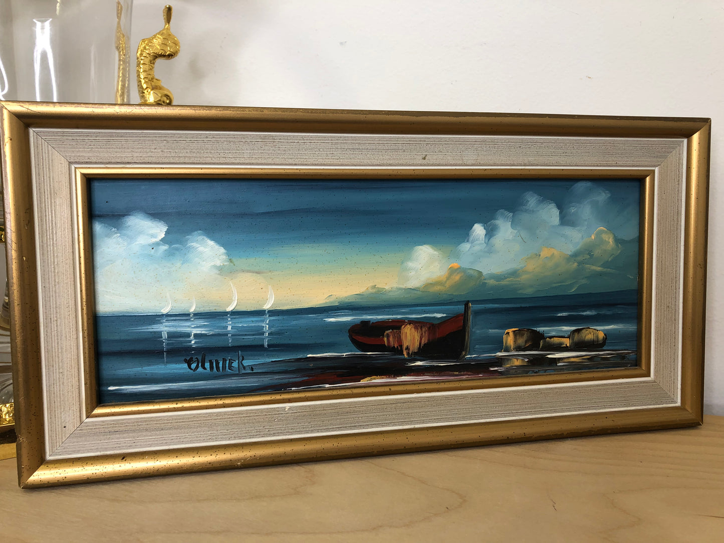 Vintage Original Art with boat and vivid blues
