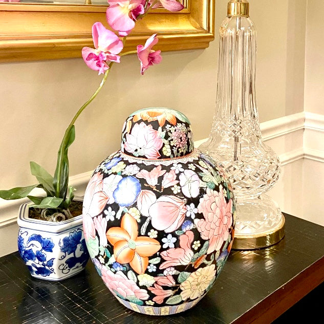 Massive vintage chinoiserie chic porcelain temple jar with lid.