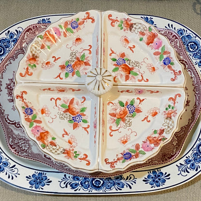 Vintage chinoiserie porcelain 4 section serving dish with handle.