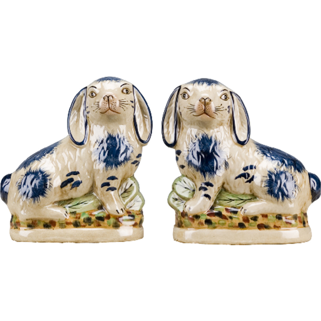 NEW Ceramic Bunny/Rabbit Figure Pair, Blue/White, 6x3" - Pristine!