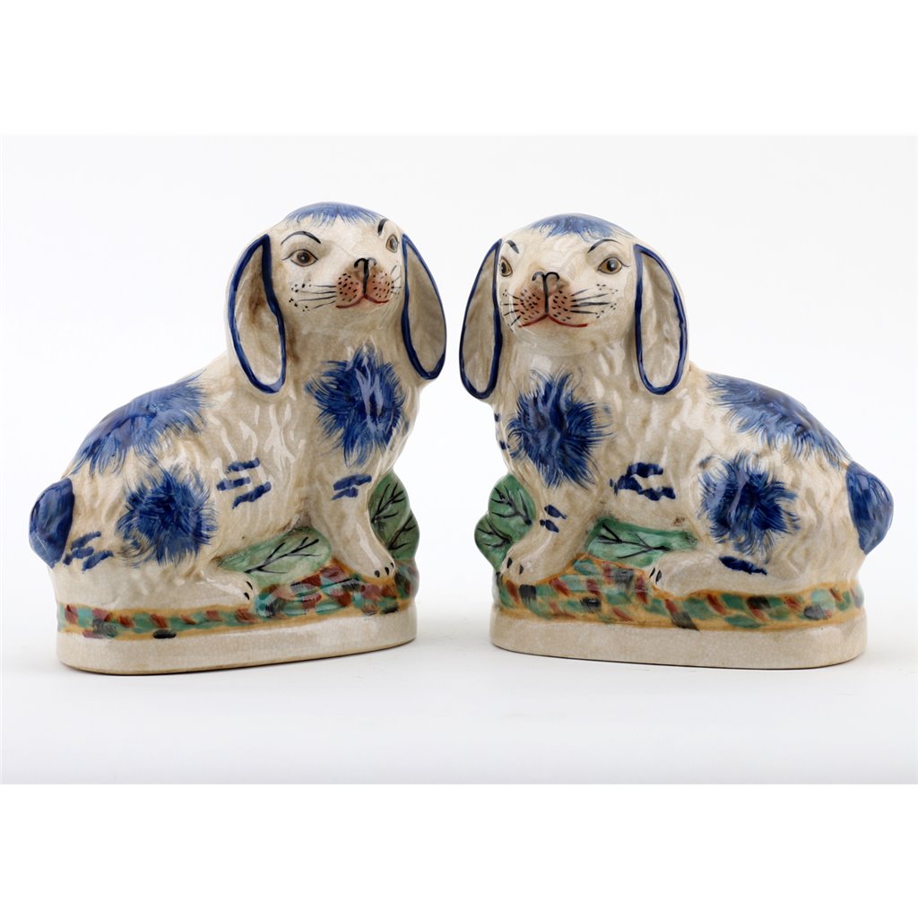 Ceramic Bunny/Rabbit Figure Pair, Blue/White, 6x3" - Pristine!