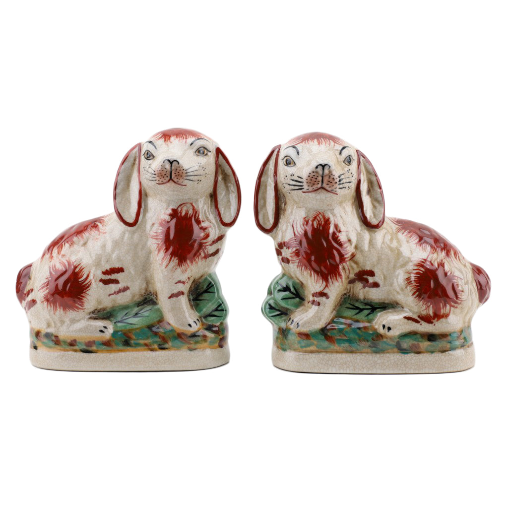 NEW Ceramic Bunny/Rabbit Figure Pair, Red/White, 6x3" - Pristine!